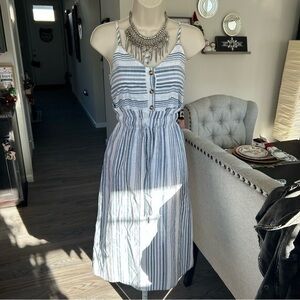 💋Japna linen white blue striped dress 👗 S NWOT
